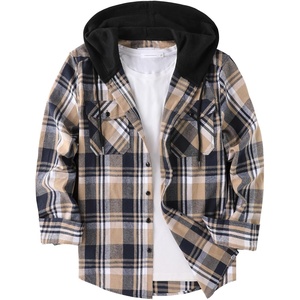 ZITY Men’s Flannel Hoodie Shirts Casual Button Down Long Sleeve Plaid Shirt(Navybeige)
