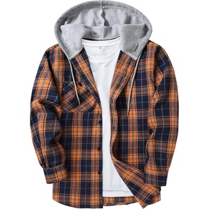 ZITY Men’s Flannel Hoodie Shirts Casual Button Down Long Sleeve Plaid Shirt(Orange Navy)