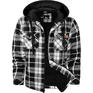 ZITY Mens Flannel Jacket Sherpa Lined Fleece Plaid Hoodie Zip Up Sweatshirt(White Black)