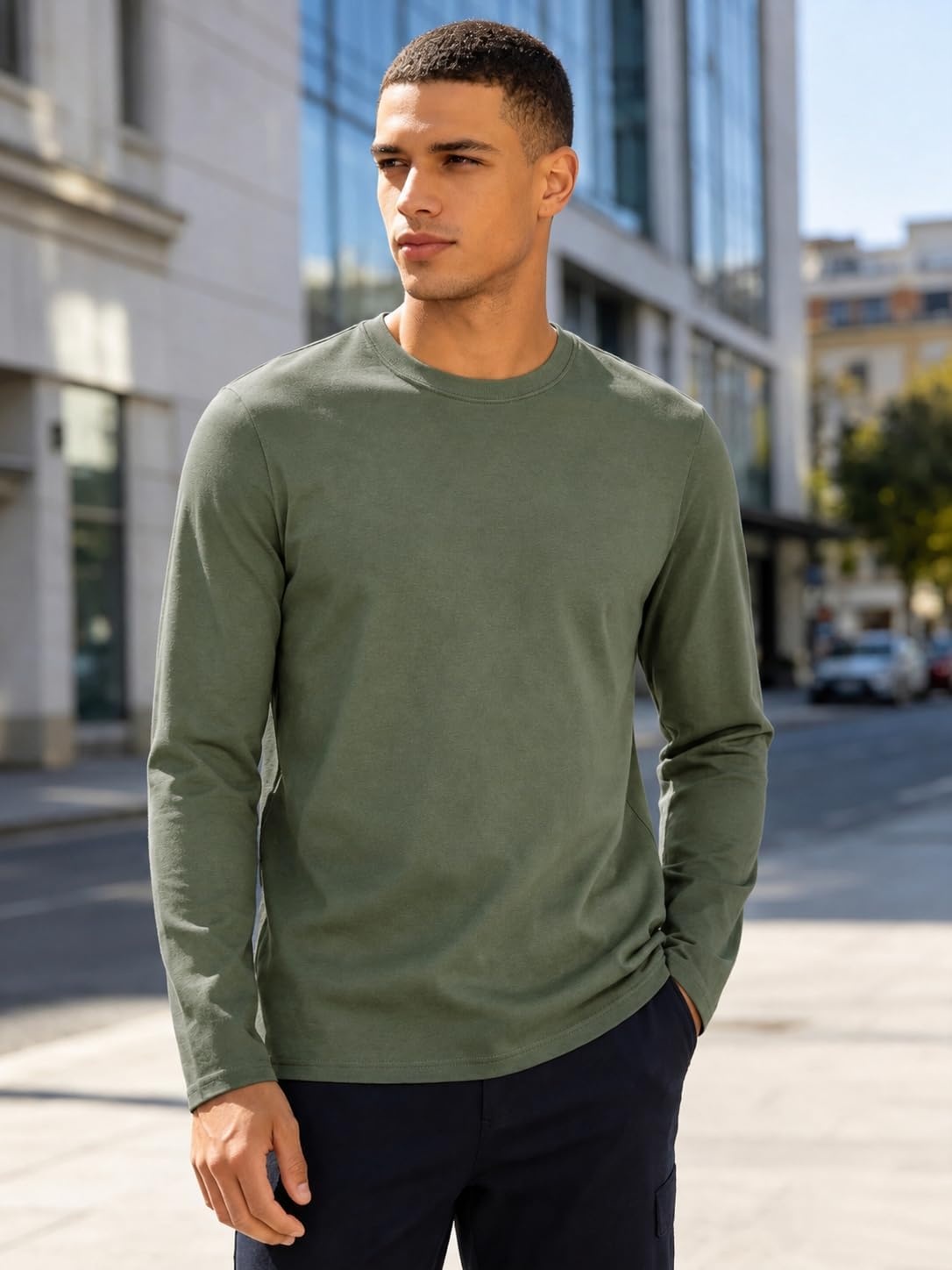 image:imageZITY 5 Pack Cotton Long Sleeve TShirt Crew Neck Basic Undershirts Soft Casual Breathable Shirts TopsBlackwhitegreyroyal Bluearmy Green