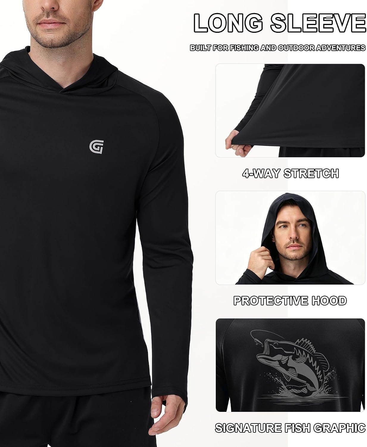 image:imageZITY Fishing Shirts for Men UPF 50 Long Sleeve Lightweight HoodieBlack