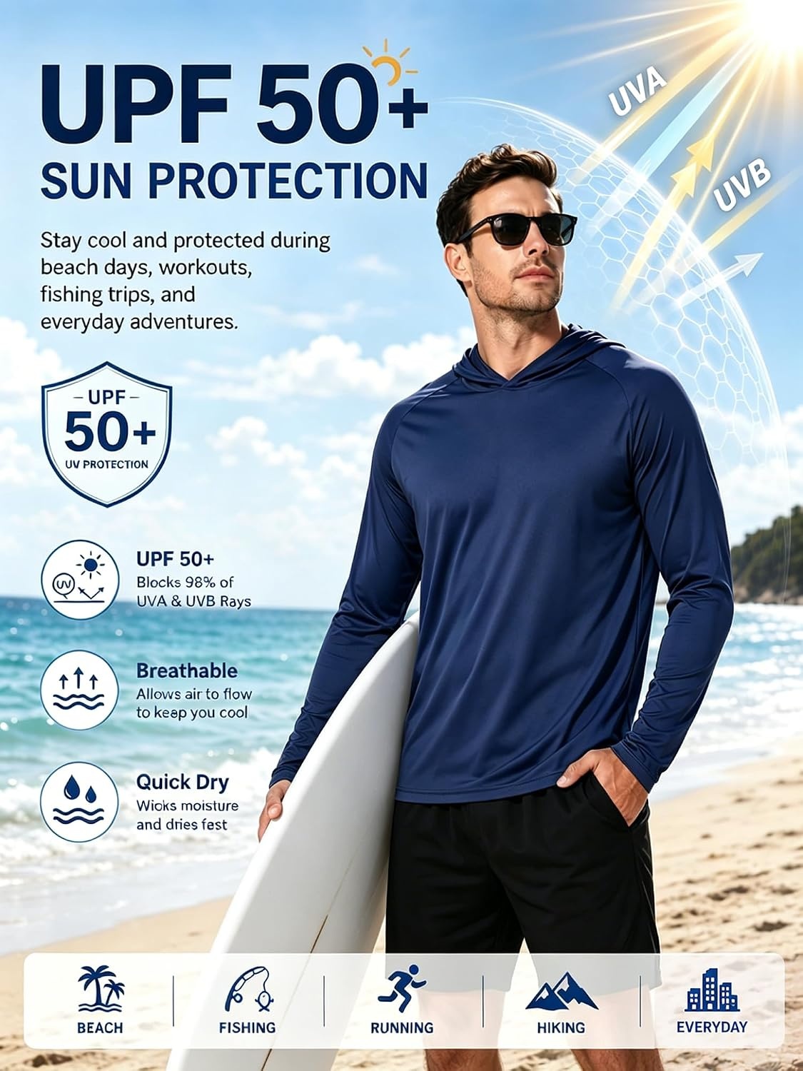 image:imageZITY Fishing Shirts for Men UPF 50 Long Sleeve Shirt Lightweight HoodiesDark Blue