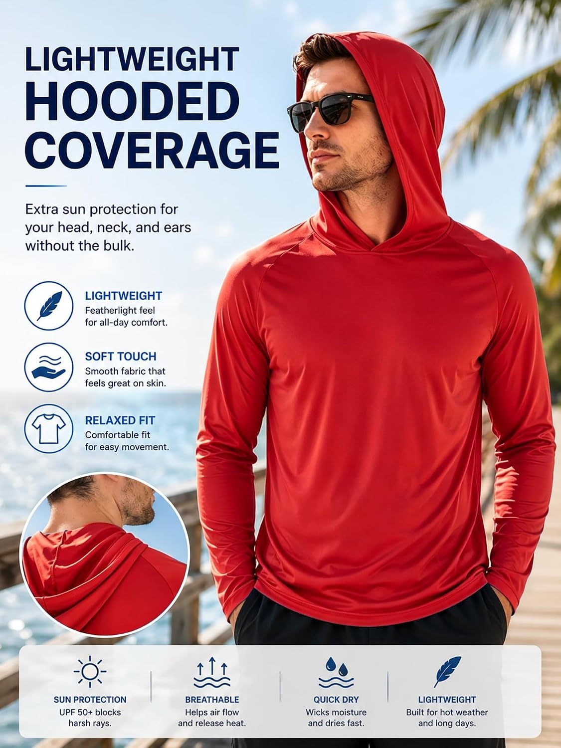 image:imageZITY Fishing Shirts for Men UPF 50 Long Sleeve Shirt Lightweight HoodiesDark Red
