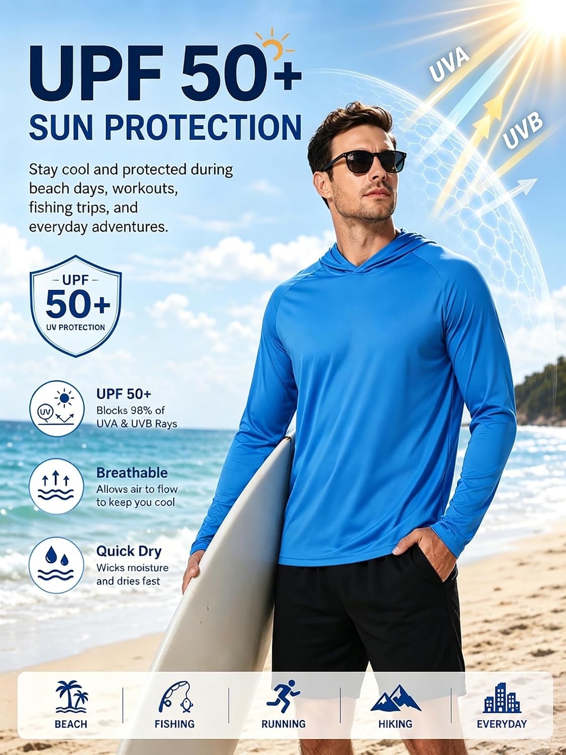image:imageZITY Fishing Shirts for Men UPF 50 Long Sleeve Shirt Lightweight HoodiesSky Blue
