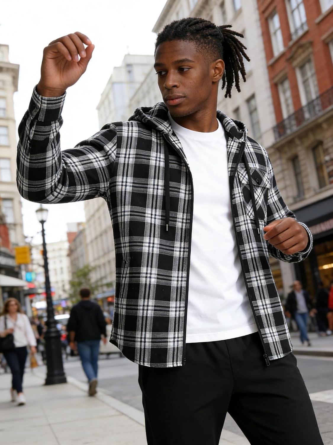 image:imageZITY Flannel Hoodie for Mens Plaid Shirt with HoodBlack Grey