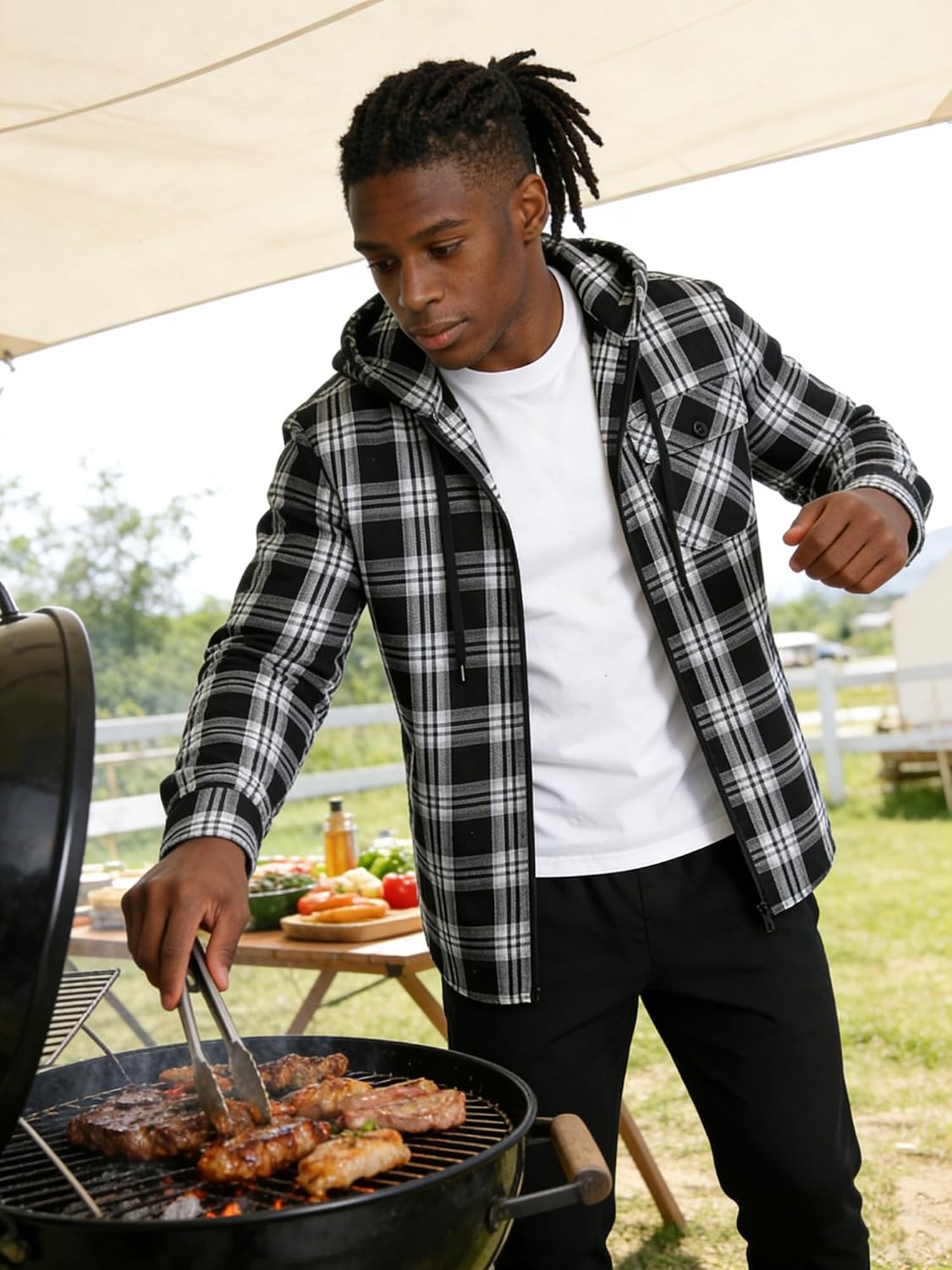 image:imageZITY Flannel Hoodie for Mens Plaid Shirt with HoodBlack Grey