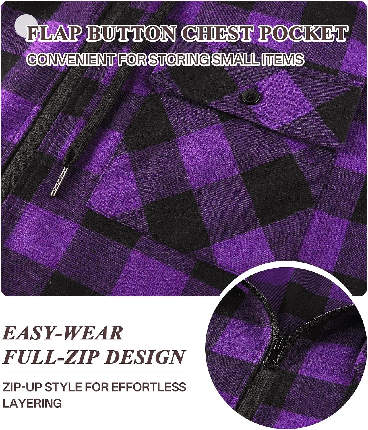 image:imageZITY Flannel Hoodie for Mens Plaid Shirt with HoodPurple