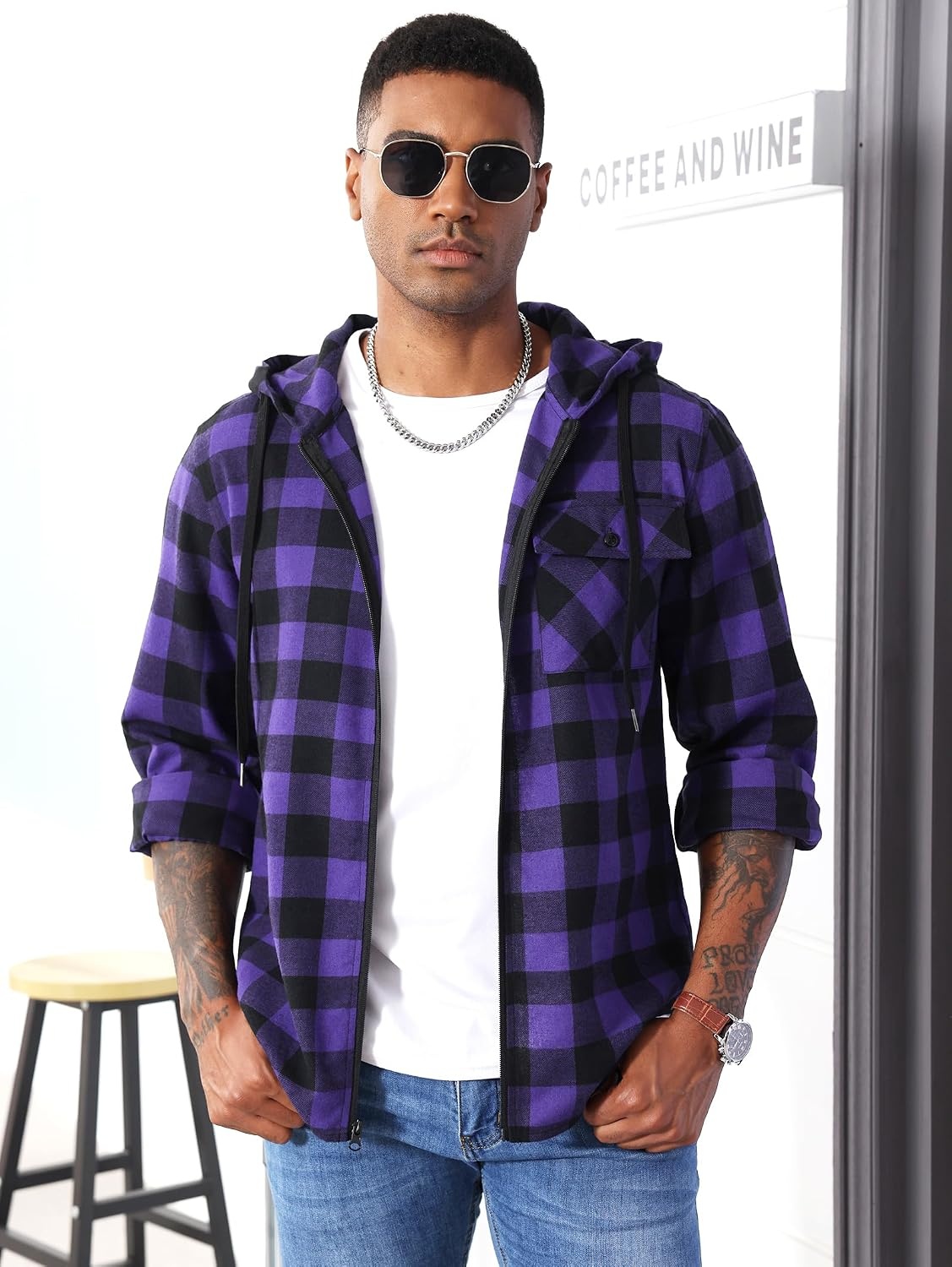 image:imageZITY Flannel Hoodie for Mens Plaid Shirt with HoodPurple