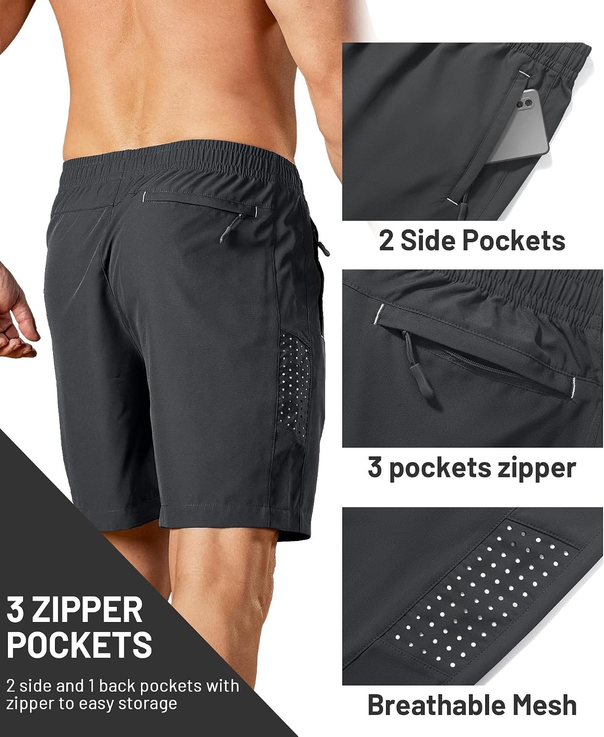 image:imageZITY Mens Athletic Running Shorts with Zipper PocketDark Grey