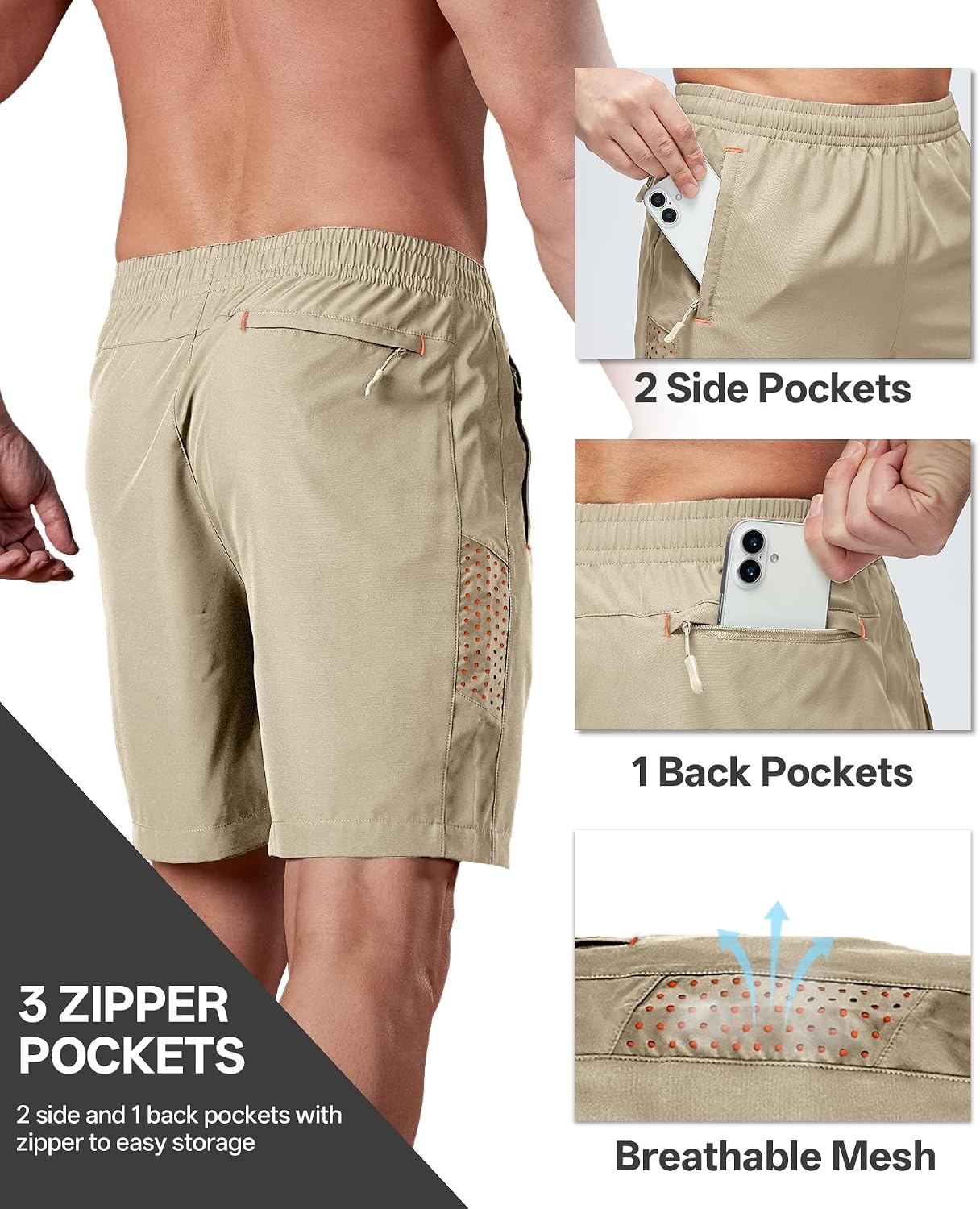 image:imageZITY Mens Athletic Running Shorts with Zipper PocketKhaki