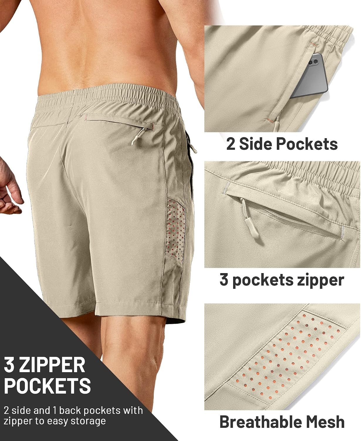 image:imageZITY Mens Athletic Running Shorts with Zipper PocketKhaki