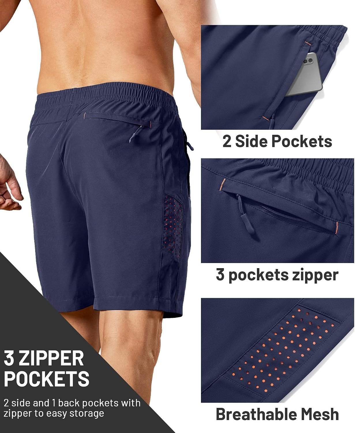 image:imageZITY Mens Athletic Running Shorts with Zipper PocketNavy