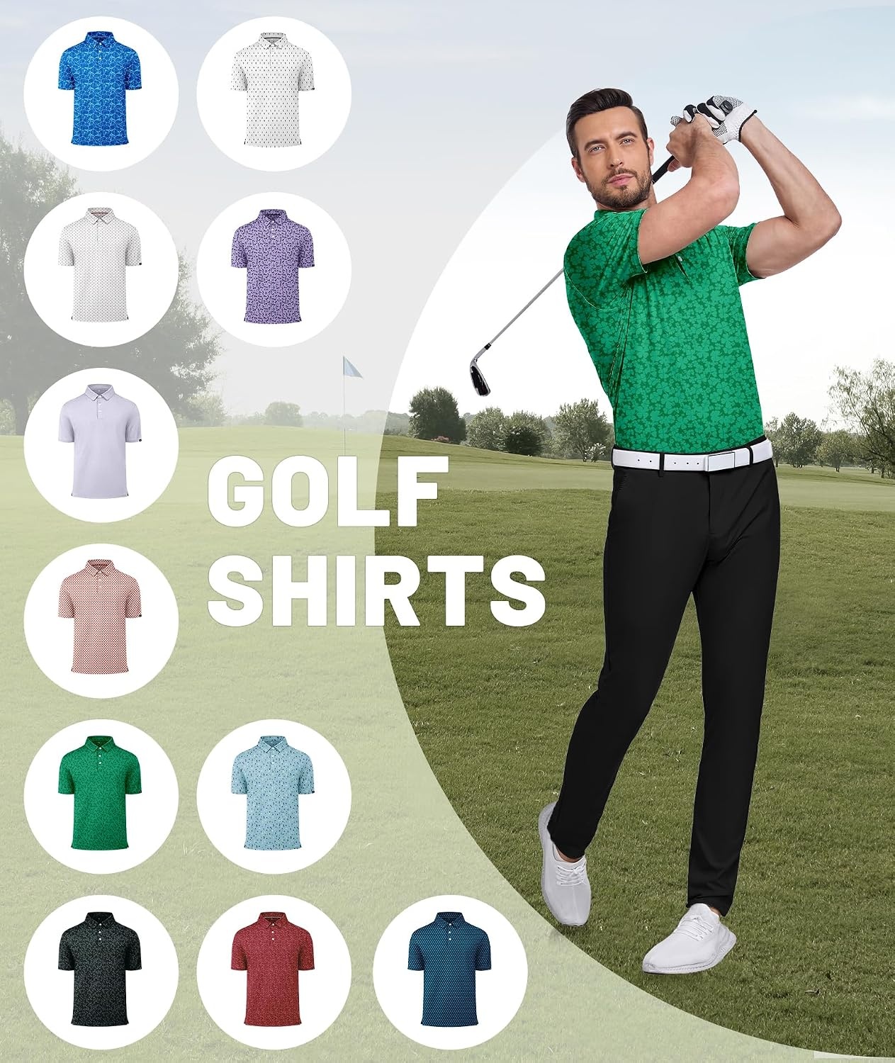 image:imageZITY Mens Golf Polo Shirts Short Sleeve Print Patterns Moisture WickingA Light Green Clover
