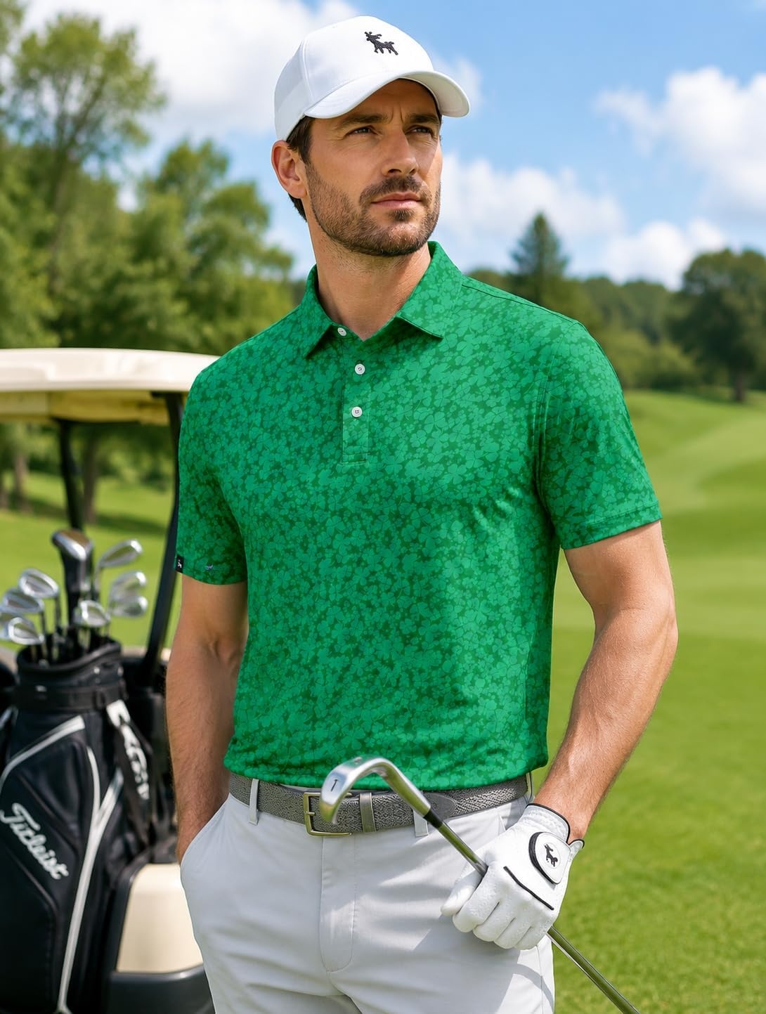 image:imageZITY Mens Golf Polo Shirts Short Sleeve Print Patterns Moisture WickingA Light Green Clover