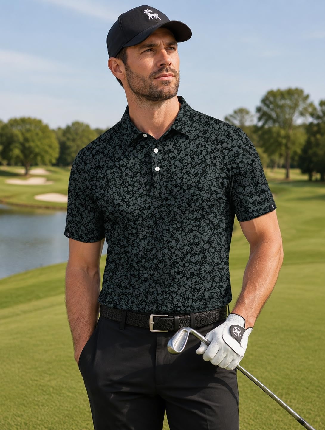 image:imageZITY Mens Golf Polo Shirts Short Sleeve Print Patterns Moisture WickingBlack Flower