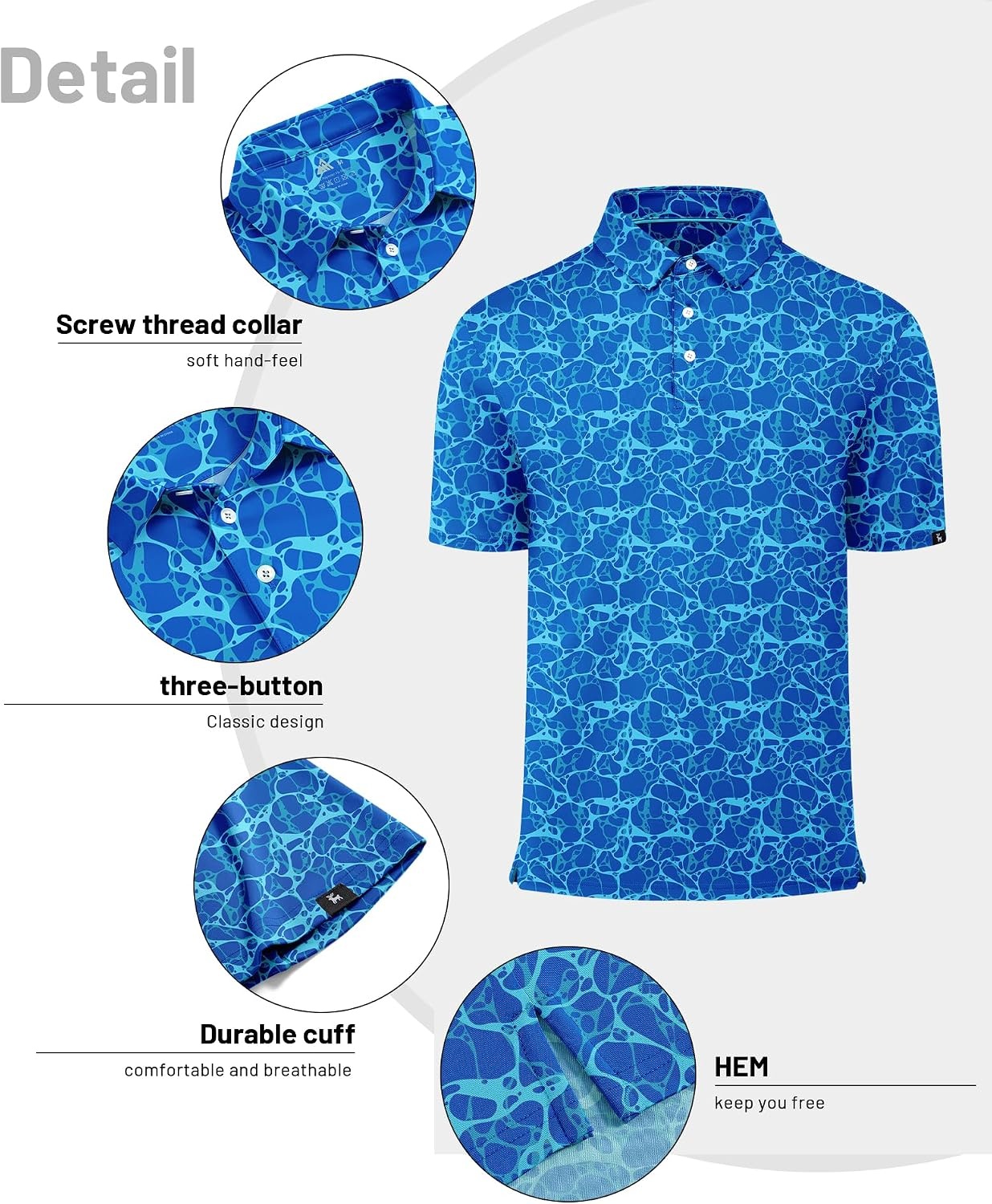 image:imageZITY Mens Golf Polo Shirts Short Sleeve Print Patterns Moisture WickingBlue Ripple