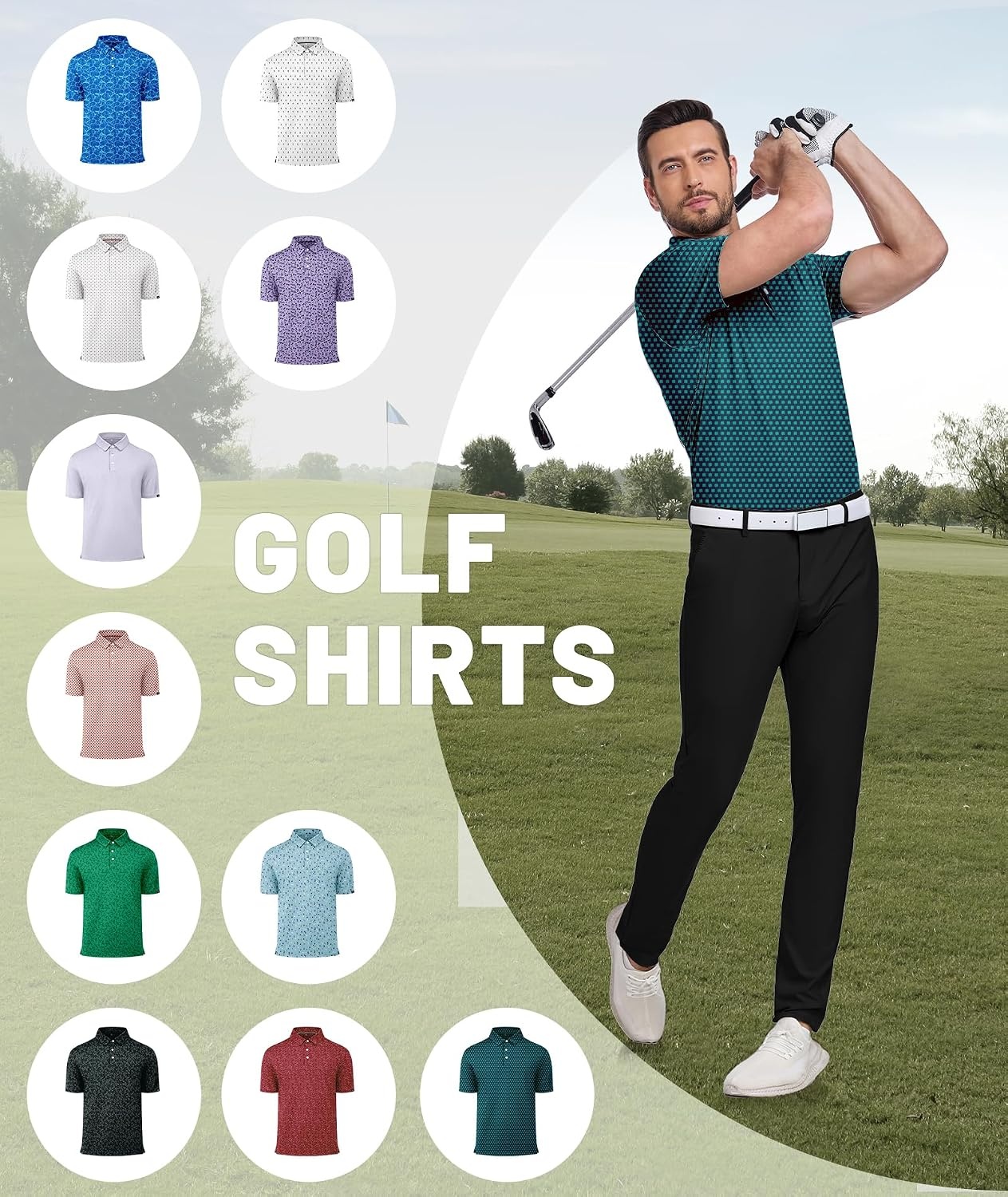 image:imageZITY Mens Golf Polo Shirts Short Sleeve Print Patterns Moisture WickingBluish Green Clover