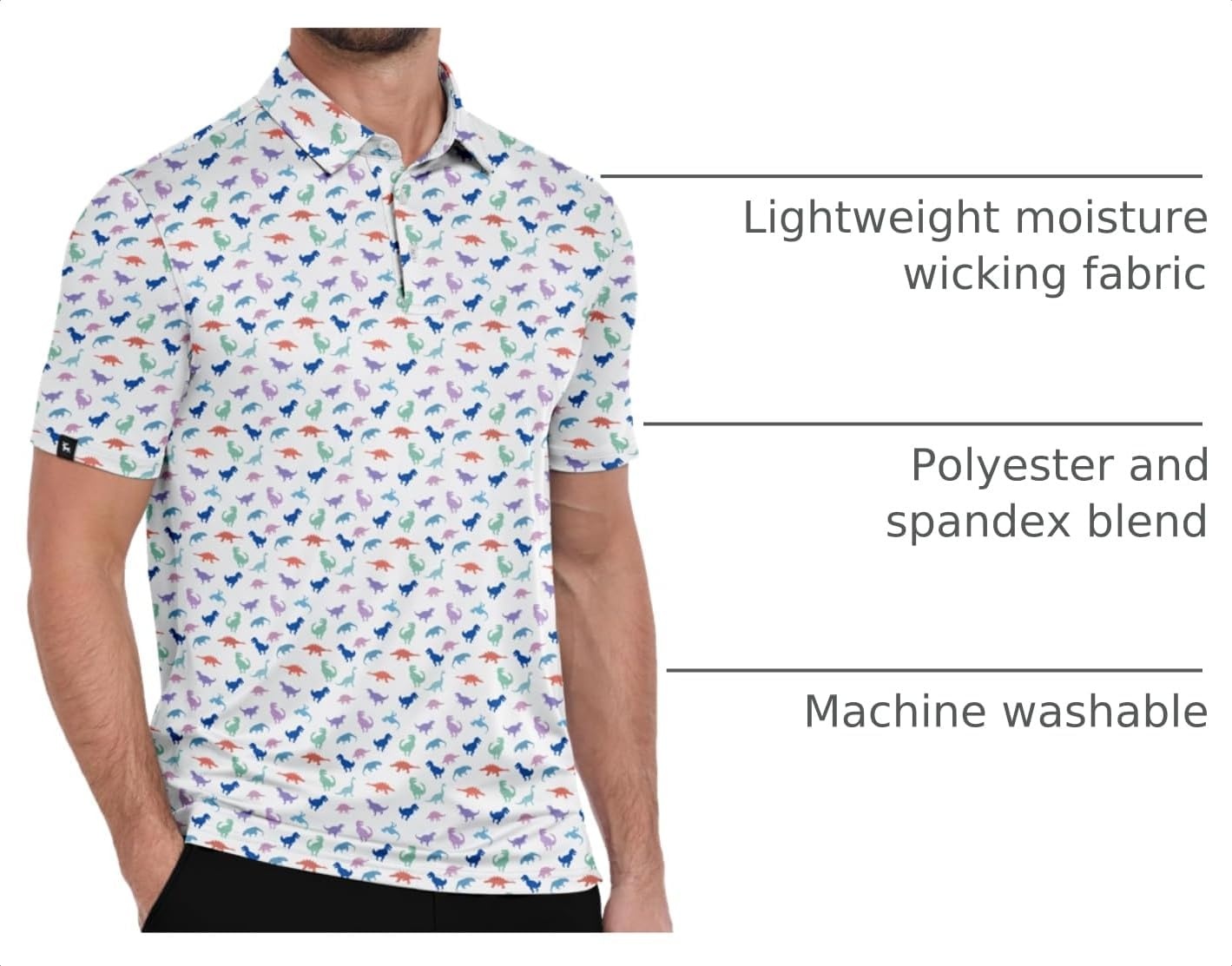 image:imageZITY Mens Golf Polo Shirts Short Sleeve Print Patterns Moisture WickingColorful Dinosaurs