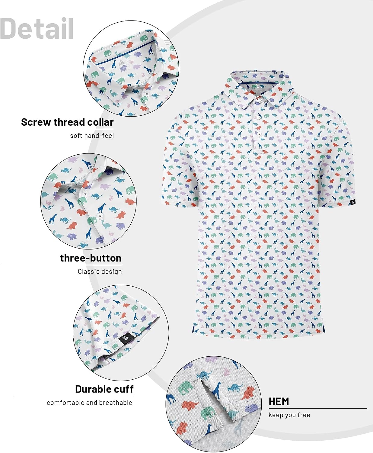 image:imageZITY Mens Golf Polo Shirts Short Sleeve Print Patterns Moisture WickingColorful Dinosaurs
