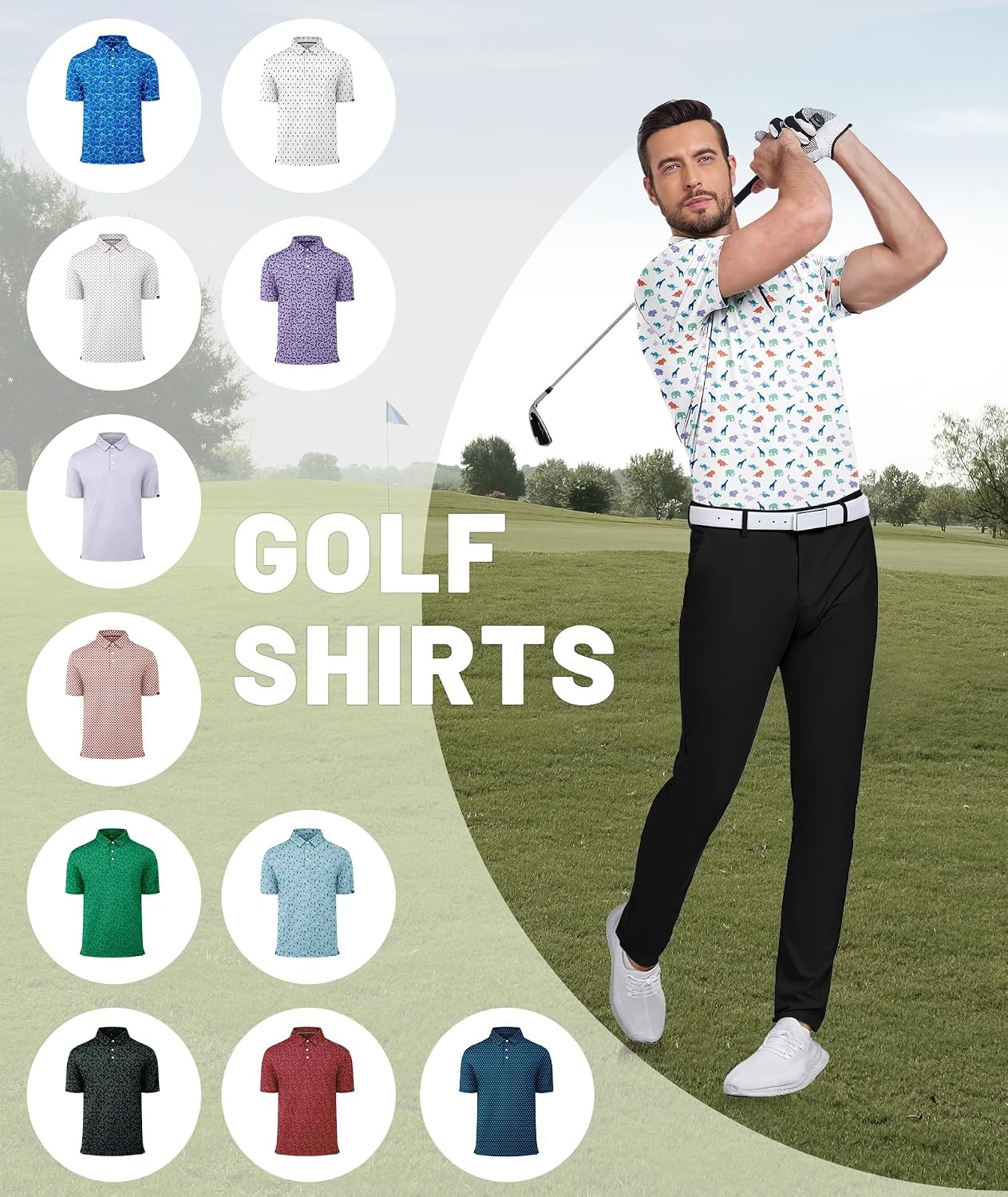 image:imageZITY Mens Golf Polo Shirts Short Sleeve Print Patterns Moisture WickingColorful Dinosaurs