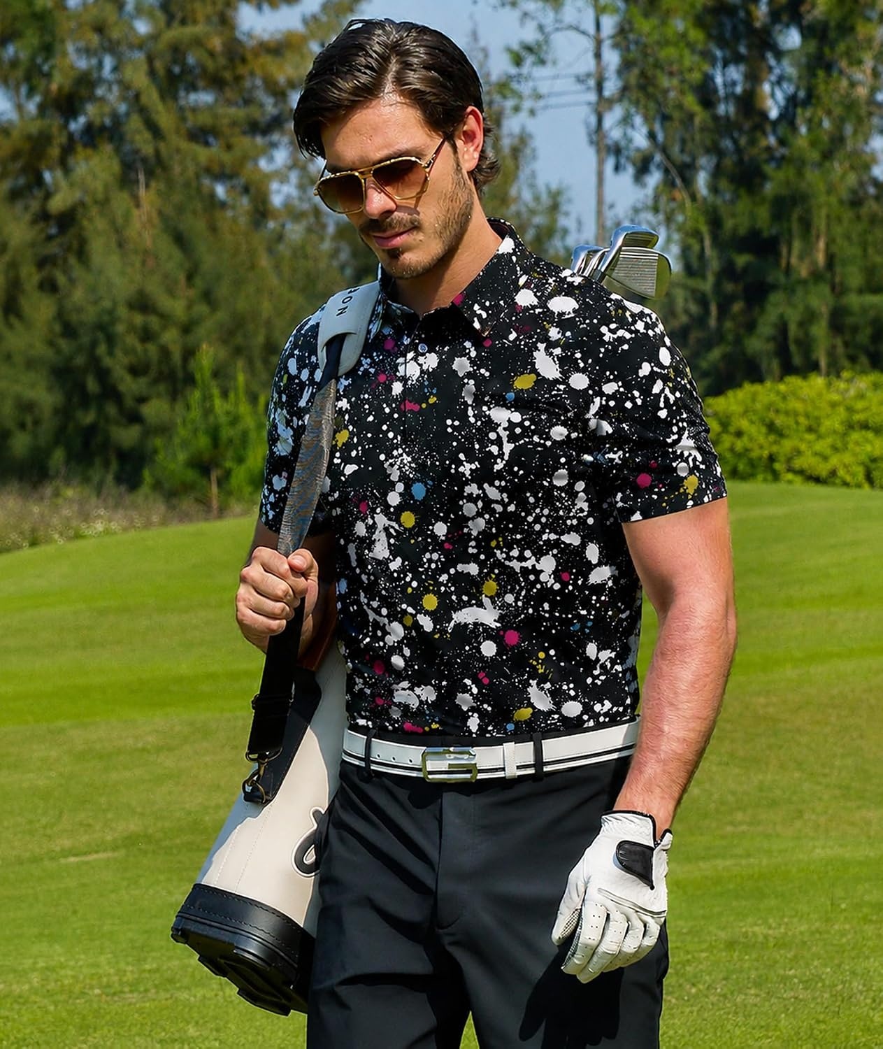 image:imageZITY Mens Golf Shirts Short Sleeve Print Moisture Wicking Polo ShirtBlack Airbrush