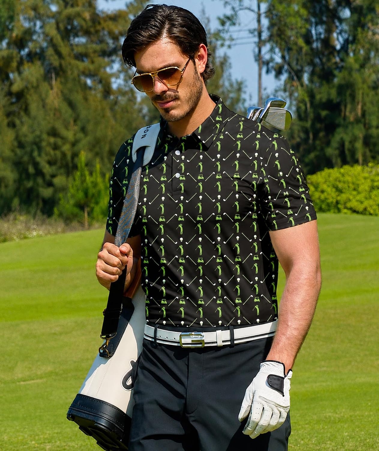 image:imageZITY Mens Golf Shirts Short Sleeve Print Moisture Wicking Polo ShirtBlack Green Golf