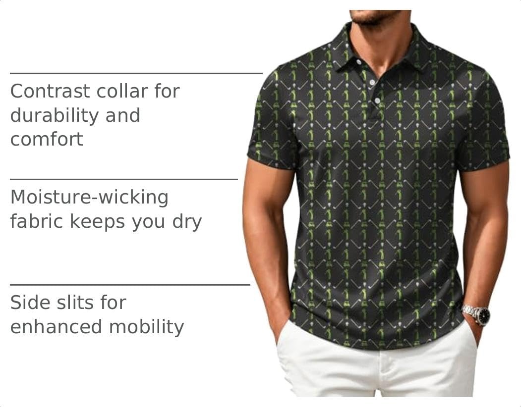 image:imageZITY Mens Golf Shirts Short Sleeve Print Moisture Wicking Polo ShirtBlack Green Golf