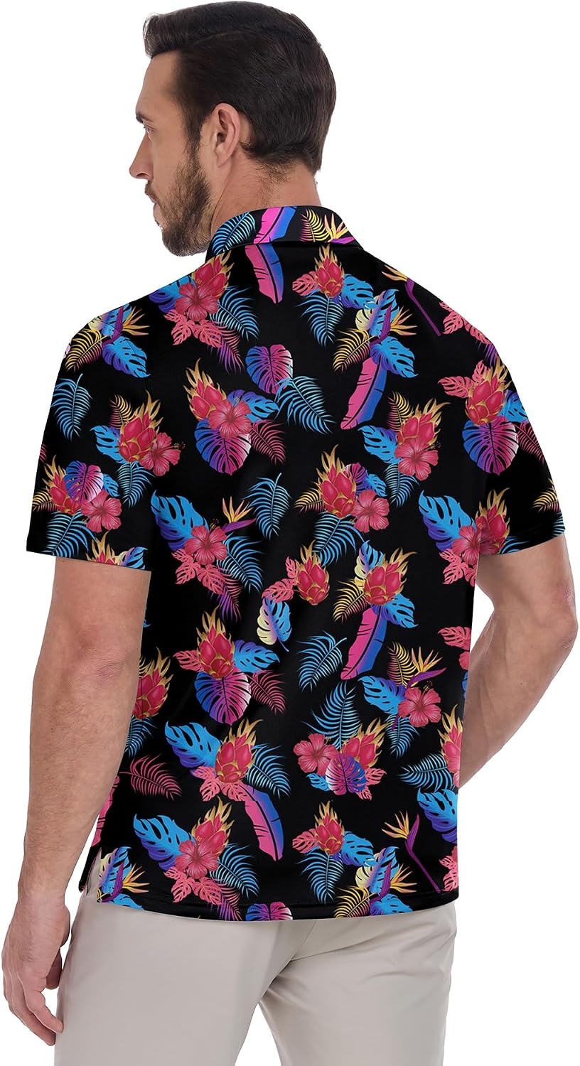 image:imageZITY Mens Golf Shirts Short Sleeve Print Moisture Wicking Polo ShirtBlack Pink Tropical Leaves