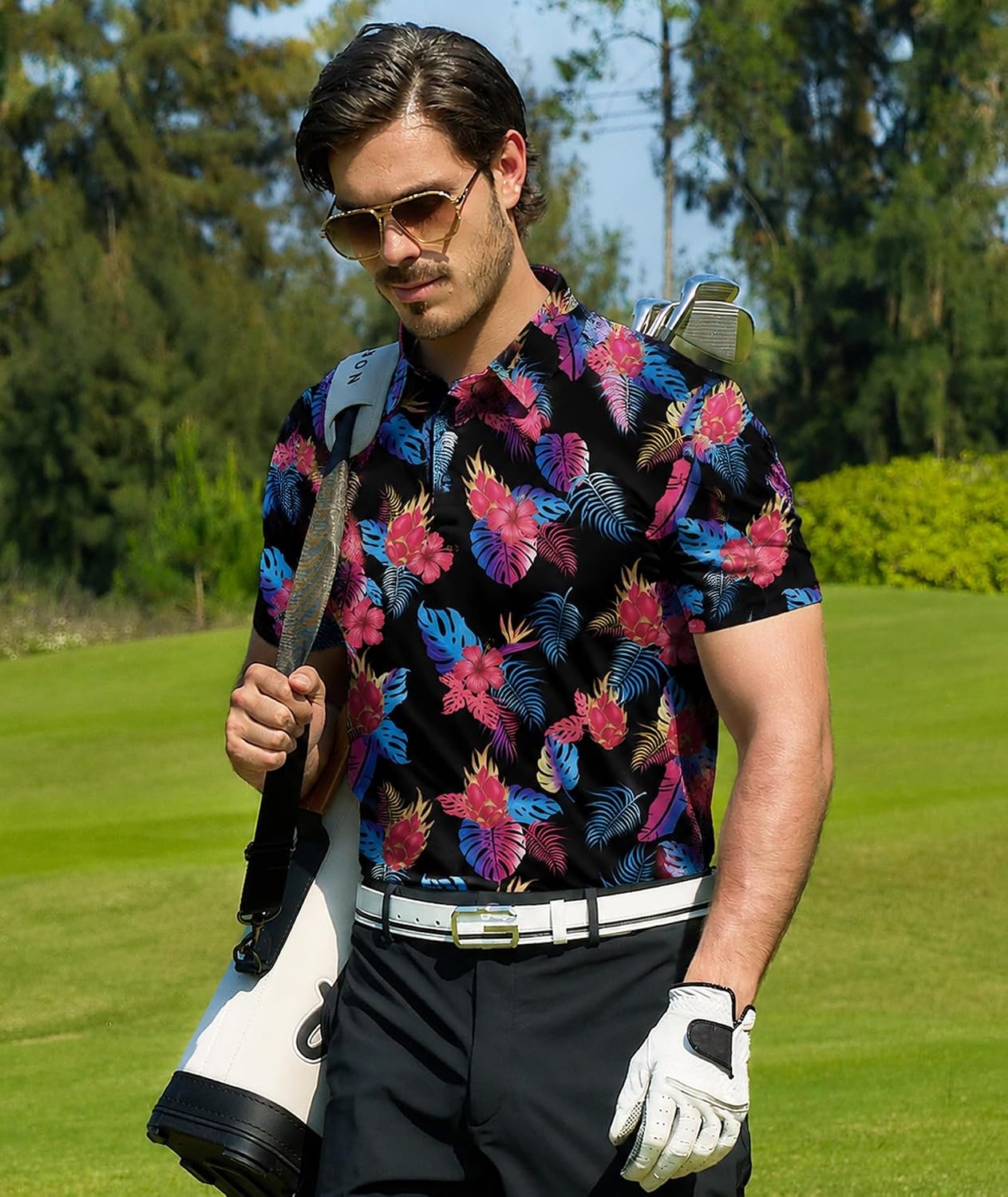 image:imageZITY Mens Golf Shirts Short Sleeve Print Moisture Wicking Polo ShirtBlack Pink Tropical Leaves