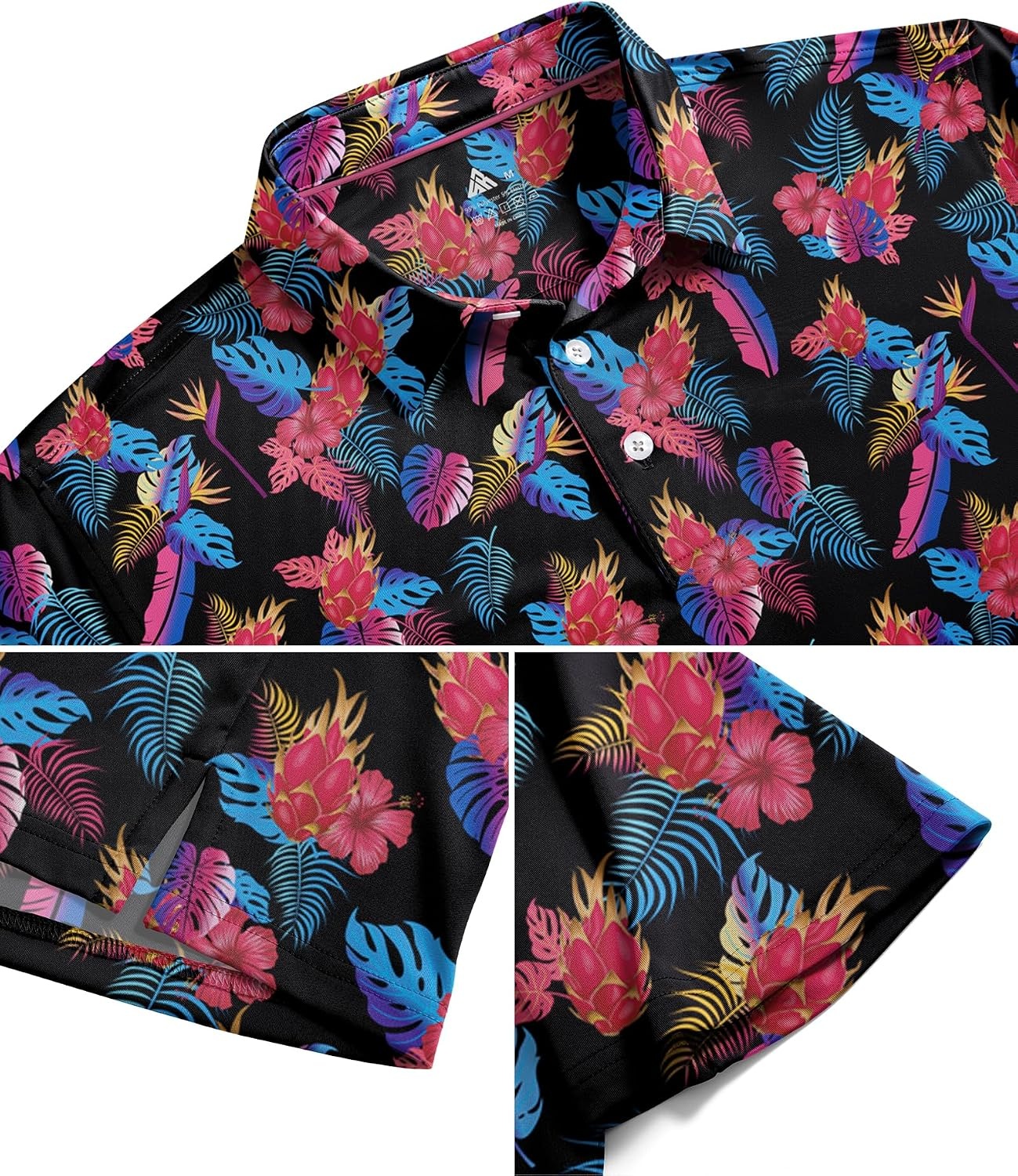 image:imageZITY Mens Golf Shirts Short Sleeve Print Moisture Wicking Polo ShirtBlack Pink Tropical Leaves
