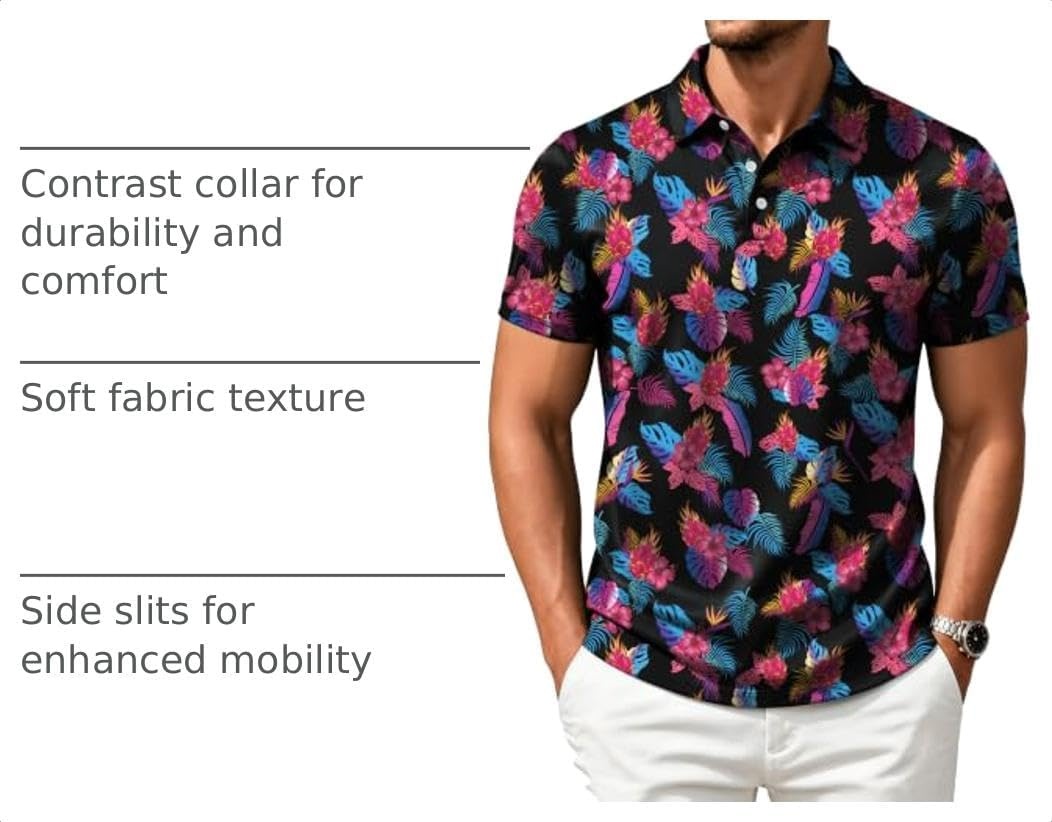 image:imageZITY Mens Golf Shirts Short Sleeve Print Moisture Wicking Polo ShirtBlack Pink Tropical Leaves