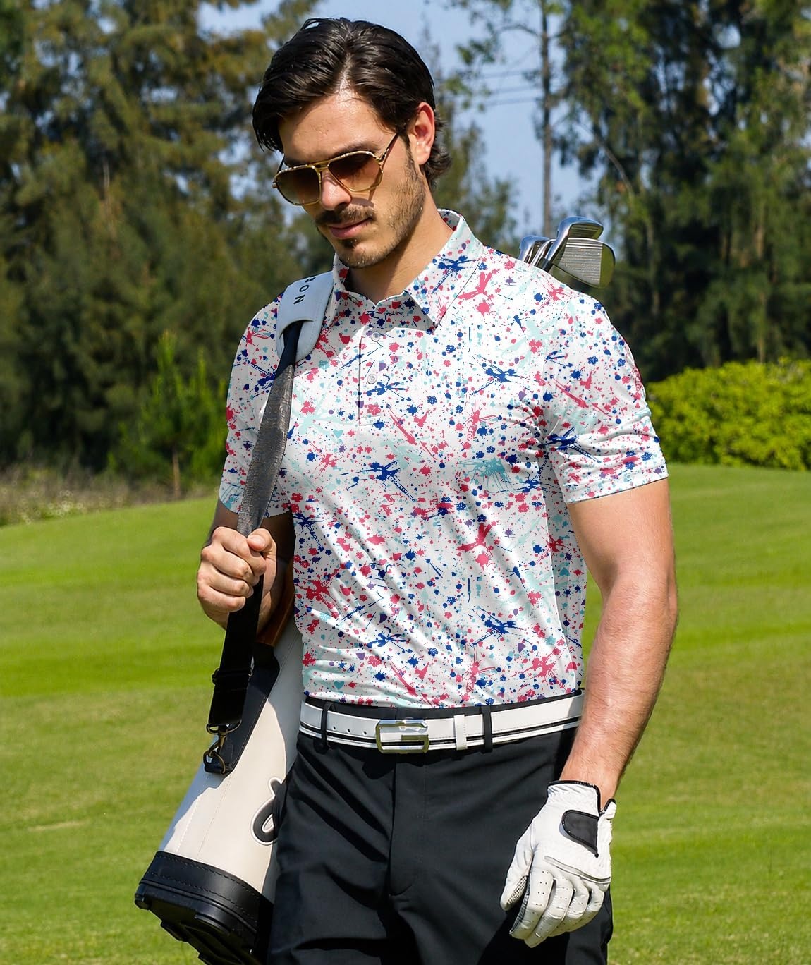 image:imageZITY Mens Golf Shirts Short Sleeve Print Moisture Wicking Polo ShirtBlue Pink Splatters Paint