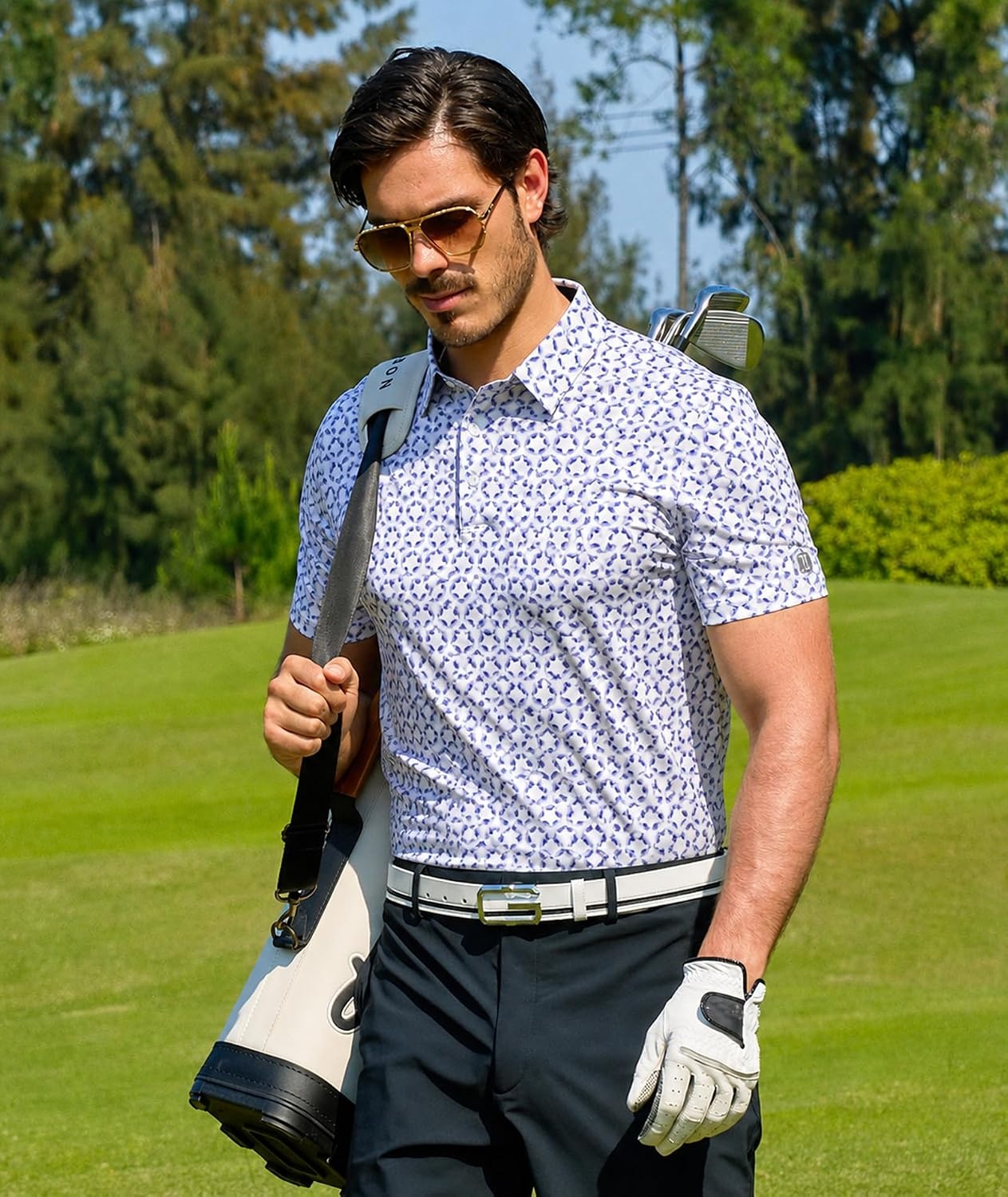 image:imageZITY Mens Golf Shirts Short Sleeve Print Moisture Wicking Polo ShirtGrey Blue Pentagon