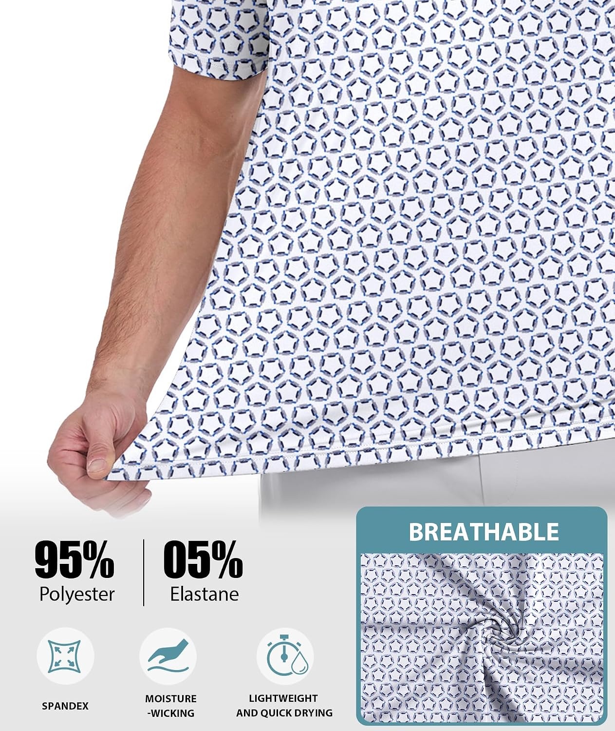 image:imageZITY Mens Golf Shirts Short Sleeve Print Moisture Wicking Polo ShirtGrey Blue Pentagon