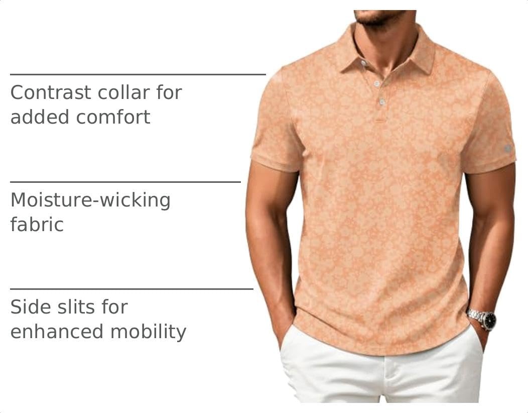 image:imageZITY Mens Golf Shirts Short Sleeve Print Moisture Wicking Polo ShirtLight Orange Flower
