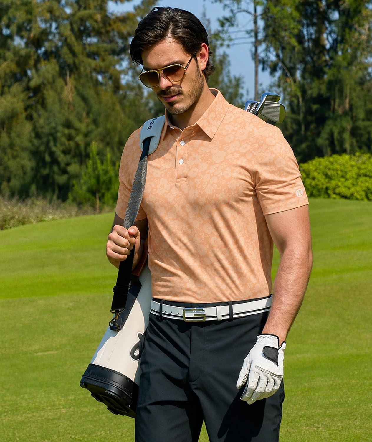image:imageZITY Mens Golf Shirts Short Sleeve Print Moisture Wicking Polo ShirtLight Orange Flower