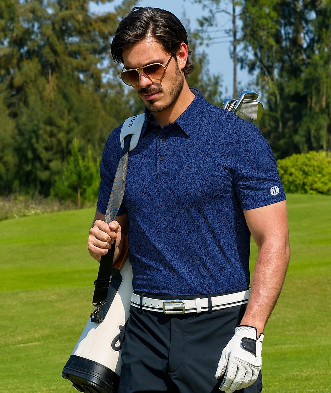 image:imageZITY Mens Golf Shirts Short Sleeve Print Moisture Wicking Polo ShirtNavy Blue Leaves