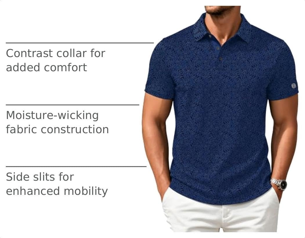 image:imageZITY Mens Golf Shirts Short Sleeve Print Moisture Wicking Polo ShirtNavy Blue Leaves
