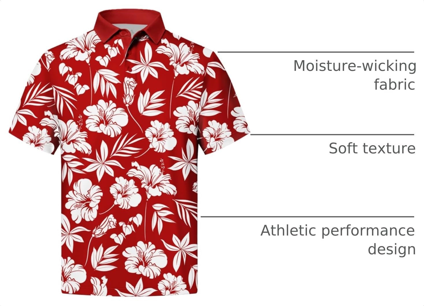 image:imageZITY Mens Golf Shirts Short Sleeve Print Moisture Wicking Polo ShirtRed Flower