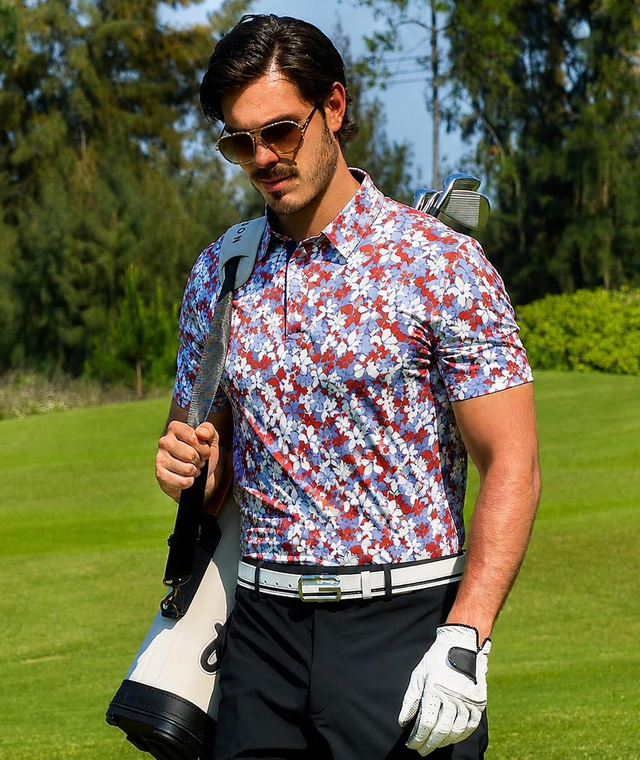 image:imageZITY Mens Golf Shirts Short Sleeve Print Moisture Wicking Polo ShirtRed Maple Leaf