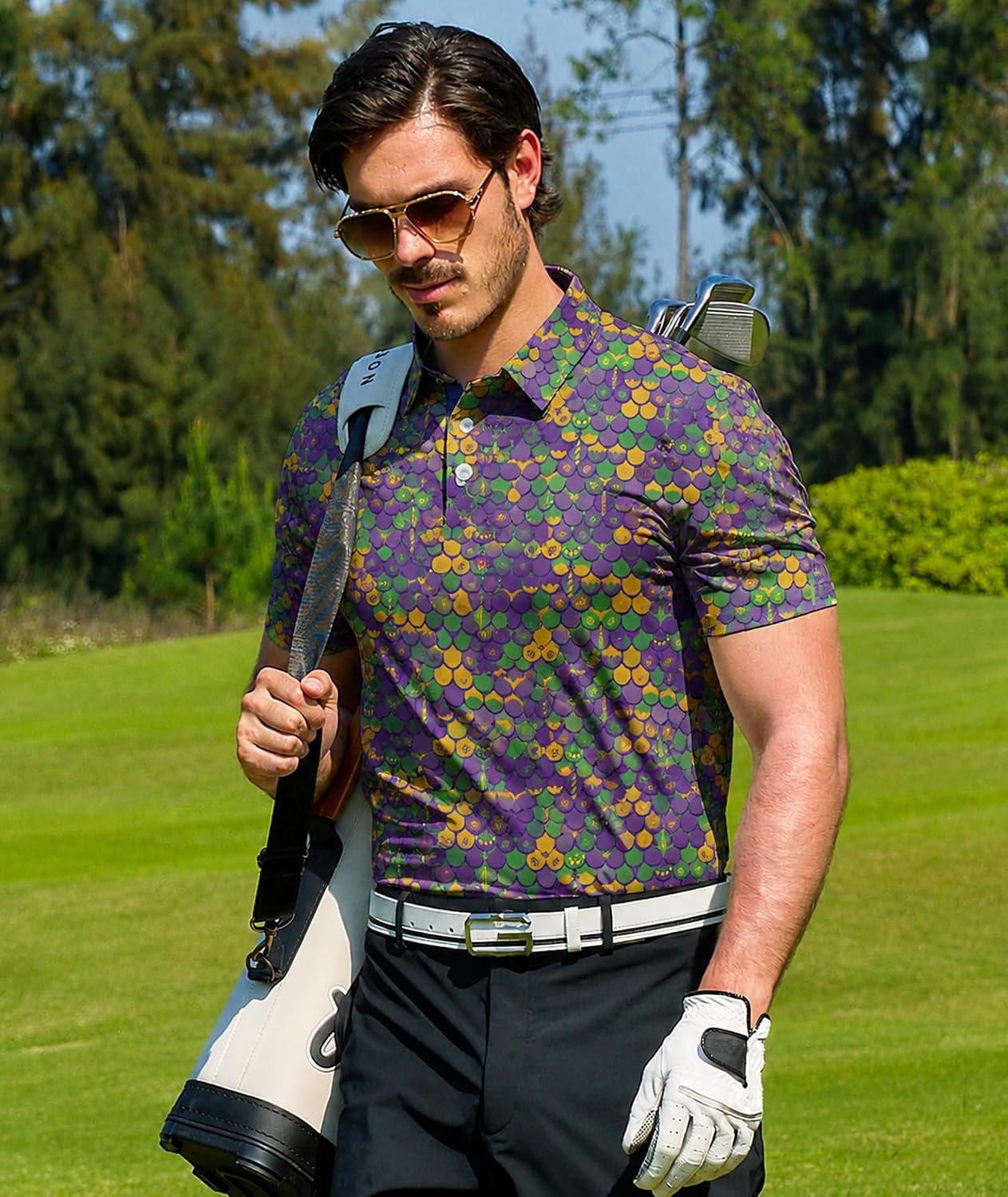 image:imageZITY Mens Golf Shirts Short Sleeve Print Moisture Wicking Polo ShirtYellow Purple Bikini