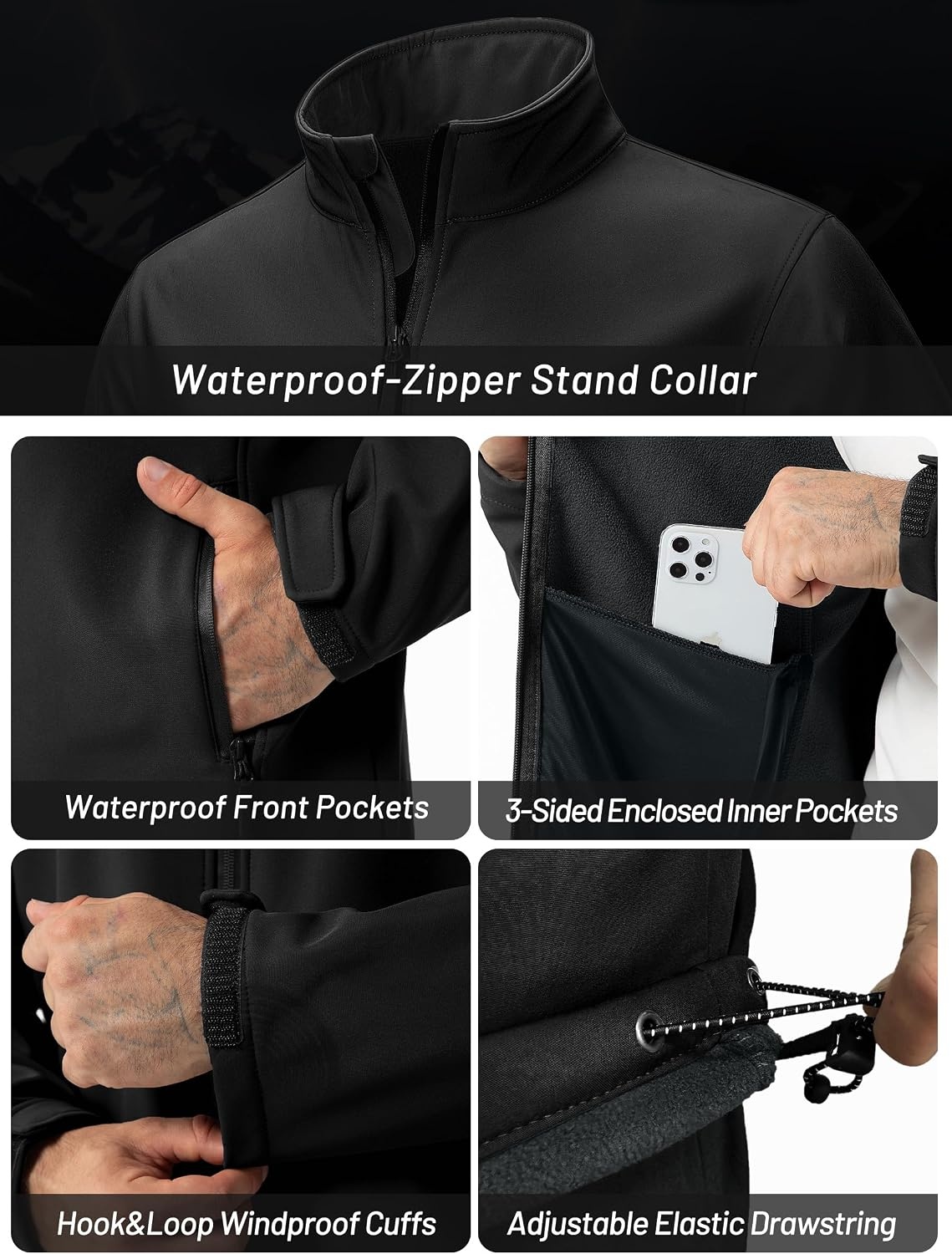 image:imageZITY Mens Lightweight Softshell Jacket Fleece Lined Waterproof WindbreakerBlack