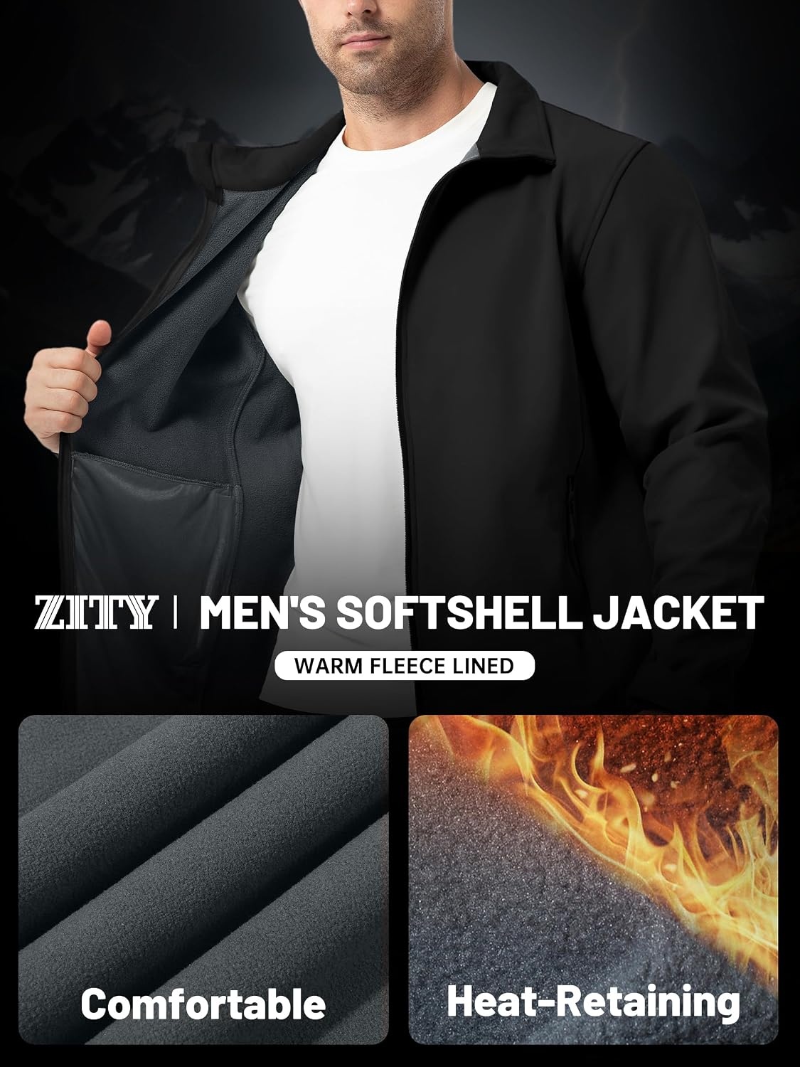 image:imageZITY Mens Lightweight Softshell Jacket Fleece Lined Waterproof WindbreakerBlack