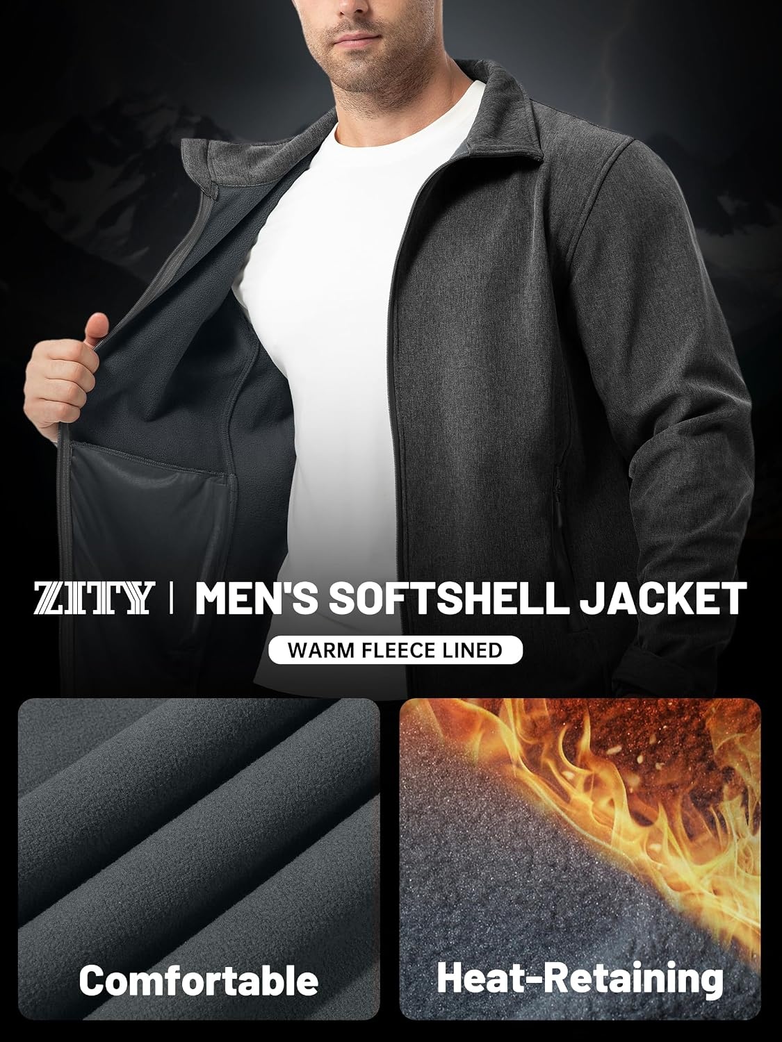 image:imageZITY Mens Lightweight Softshell Jacket Fleece Lined Waterproof WindbreakerHgrey