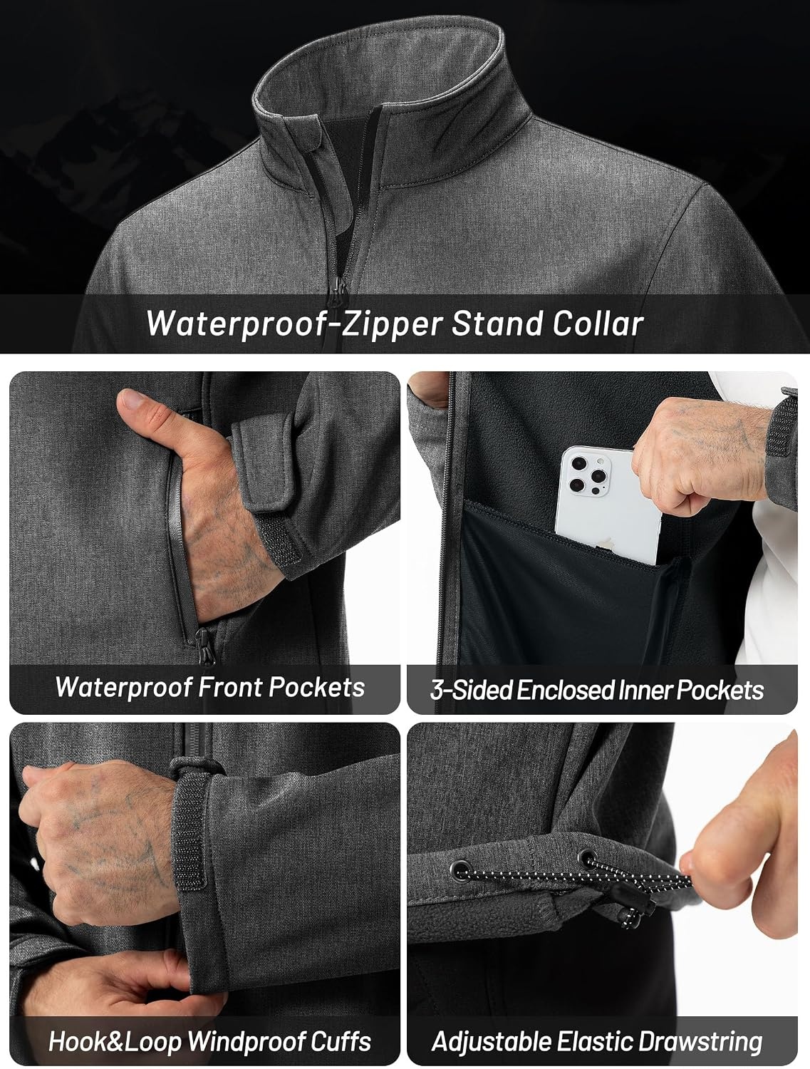image:imageZITY Mens Lightweight Softshell Jacket Fleece Lined Waterproof WindbreakerHgrey
