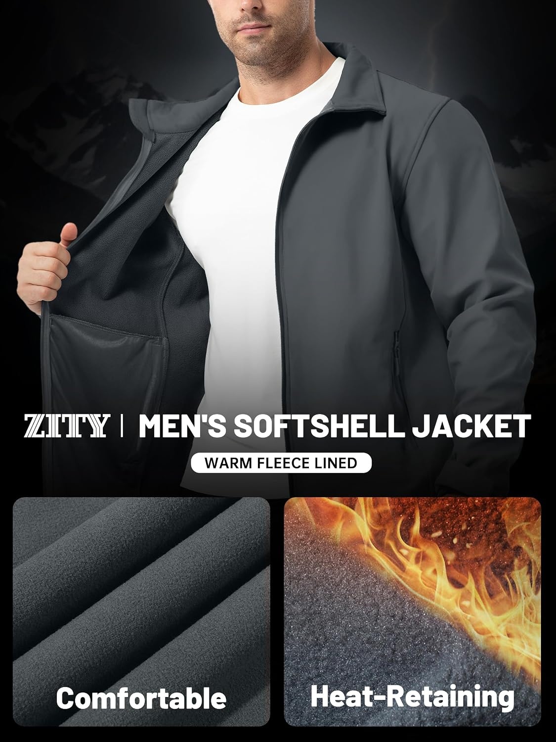 image:imageZITY Mens Lightweight Softshell Jacket Fleece Lined Waterproof WindbreakerLight Grey