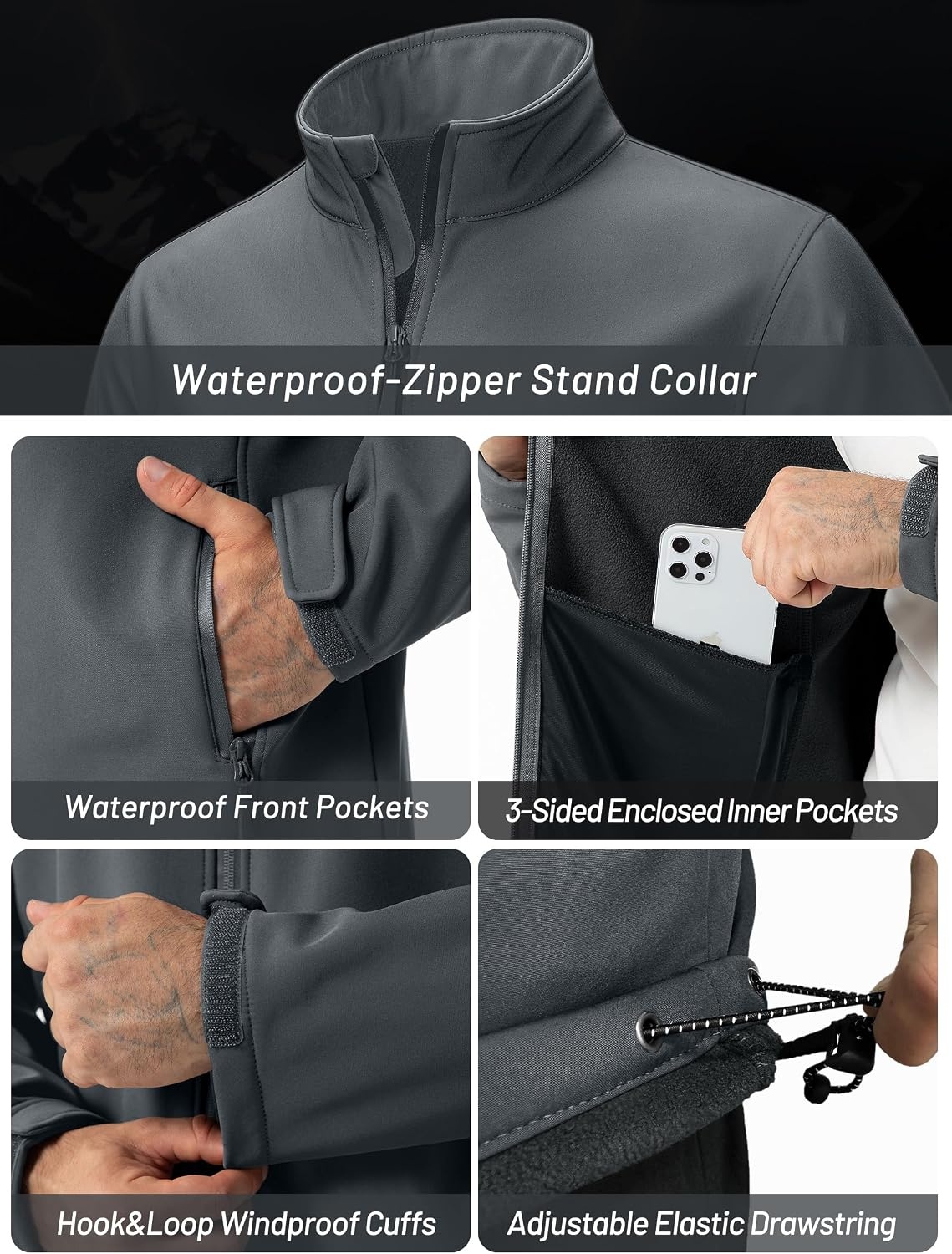 image:imageZITY Mens Lightweight Softshell Jacket Fleece Lined Waterproof WindbreakerLight Grey