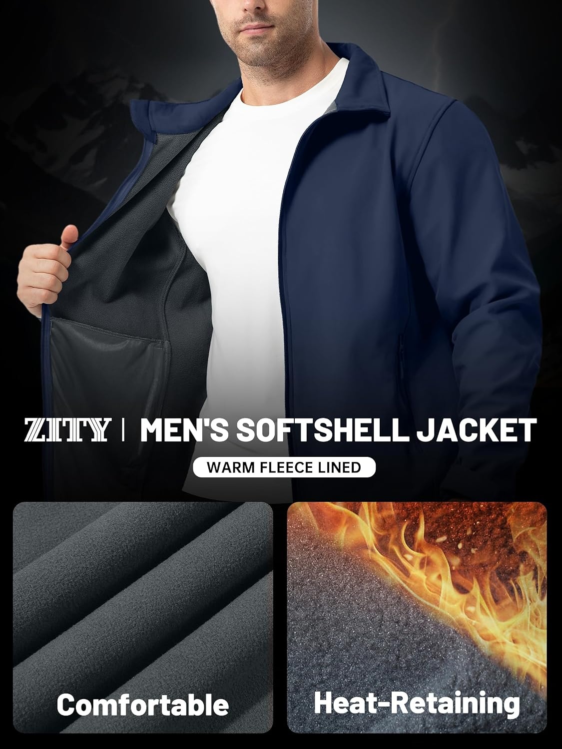 image:imageZITY Mens Lightweight Softshell Jacket Fleece Lined Waterproof WindbreakerNavy