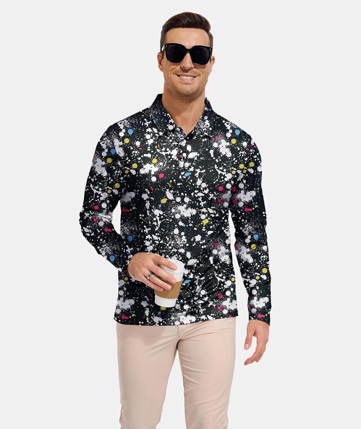 image:imageZITY Mens Long Sleeve Golf Shirts Print Polo Shirts UPF 50 Sun ShirtsBlack Digital Print