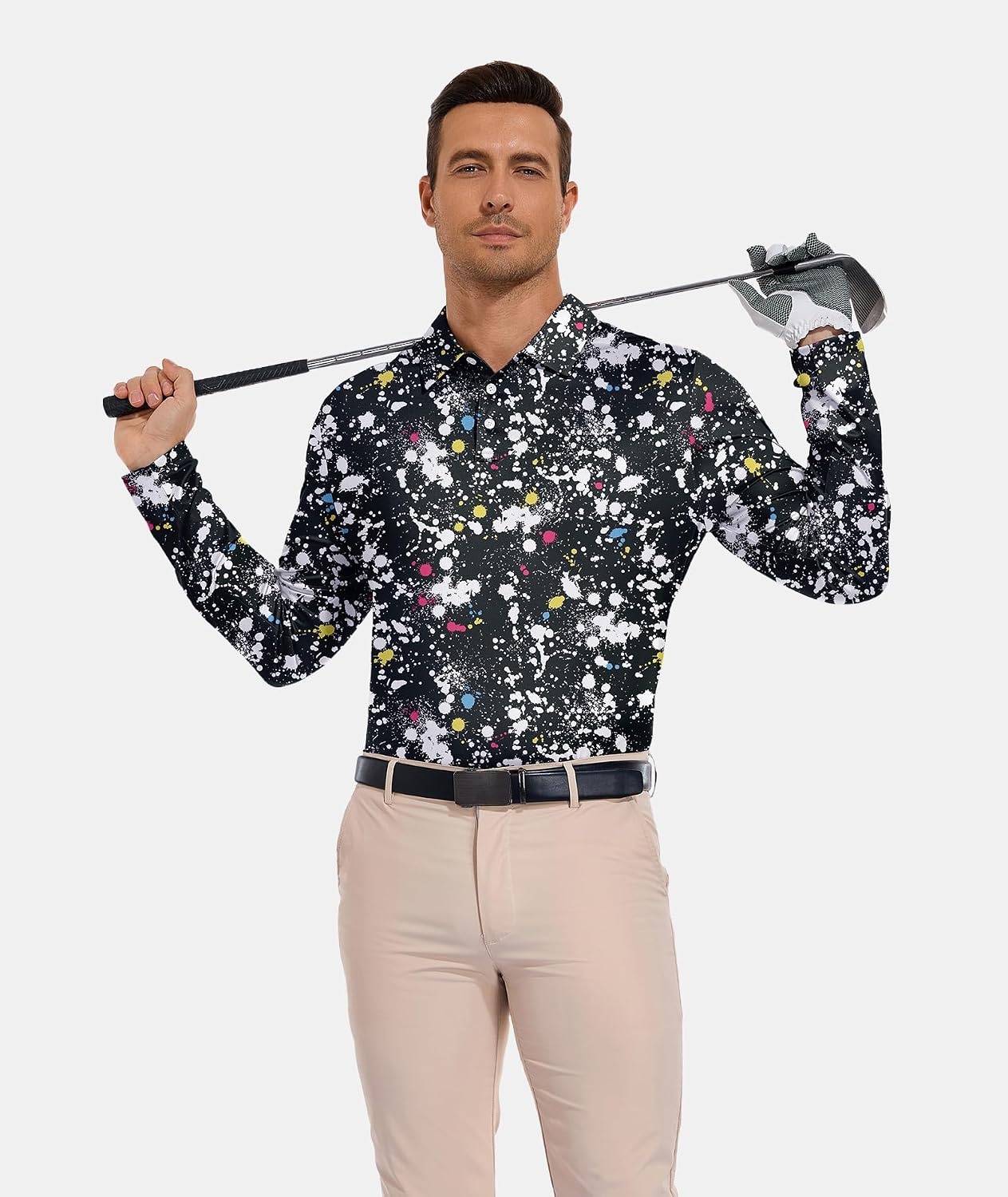 image:imageZITY Mens Long Sleeve Golf Shirts Print Polo Shirts UPF 50 Sun ShirtsBlack Digital Print